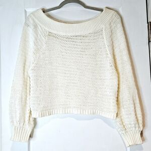 L’Academie Cream Cropped Knit Sweater Off Shoulder Boat Neck Balloon Sleeve S